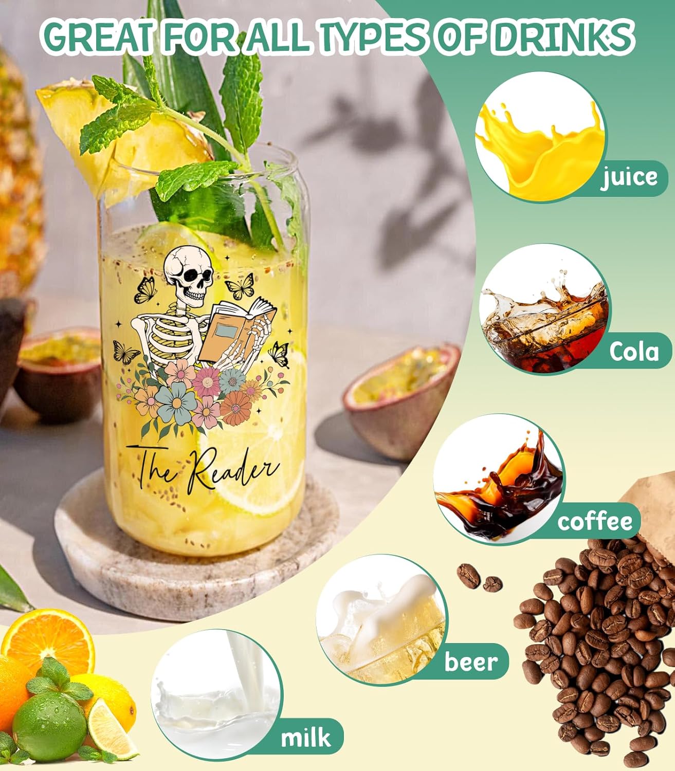 Book Lovers Gifts,Skull Bookish Women Book Themed Readers Accessories,Librarians,Bookaholics Christmas Birthday Gifts For Best Friend,16 oz Glass Cups with Lids and Straws - Image 4