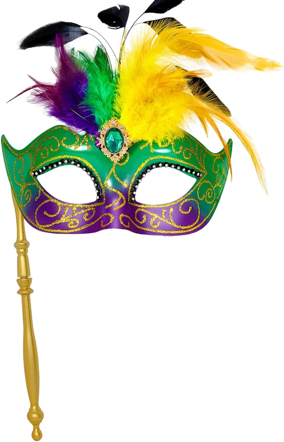 MYSEUNI 2025 Masquerade Mask for Women with Stick- Feather Masquerade Venetian Mask for Carnival, Cosplay Prom, Wedding