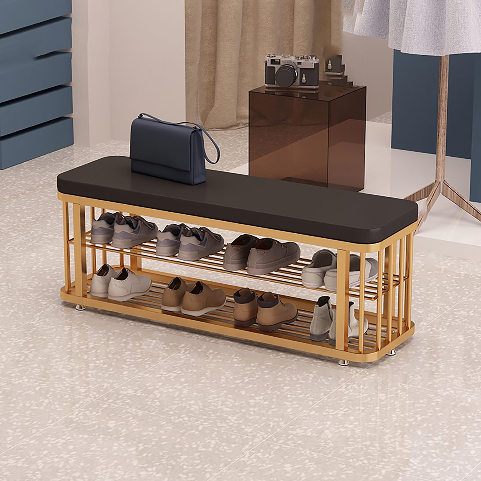 Meuble étagère à chaussures à structure en métal durable et banc d'assise rembourré