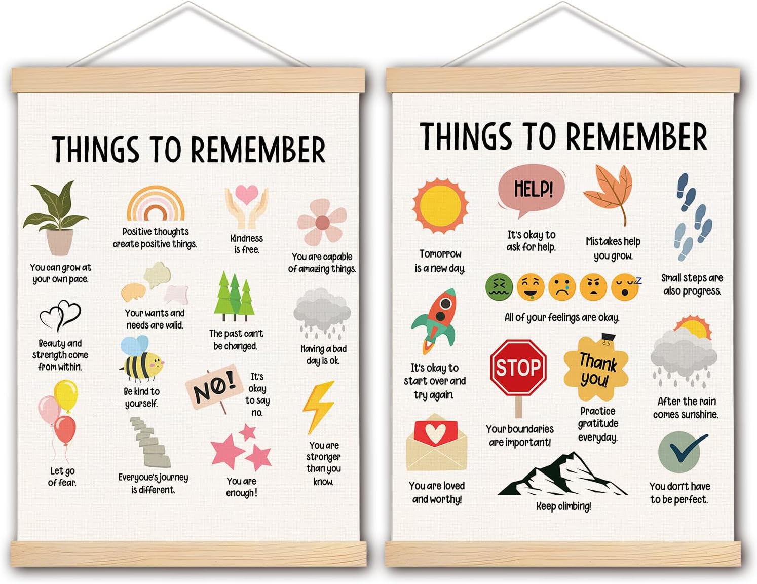 DNEULYR Mental Health Wall Decor, Things to Remember Wall Art With Wooden Poster Hanger, Mental Health Posters Wall Decor for Counselor Therapy Office Classroom Kids Room, 12×16 Inches Set of 2
