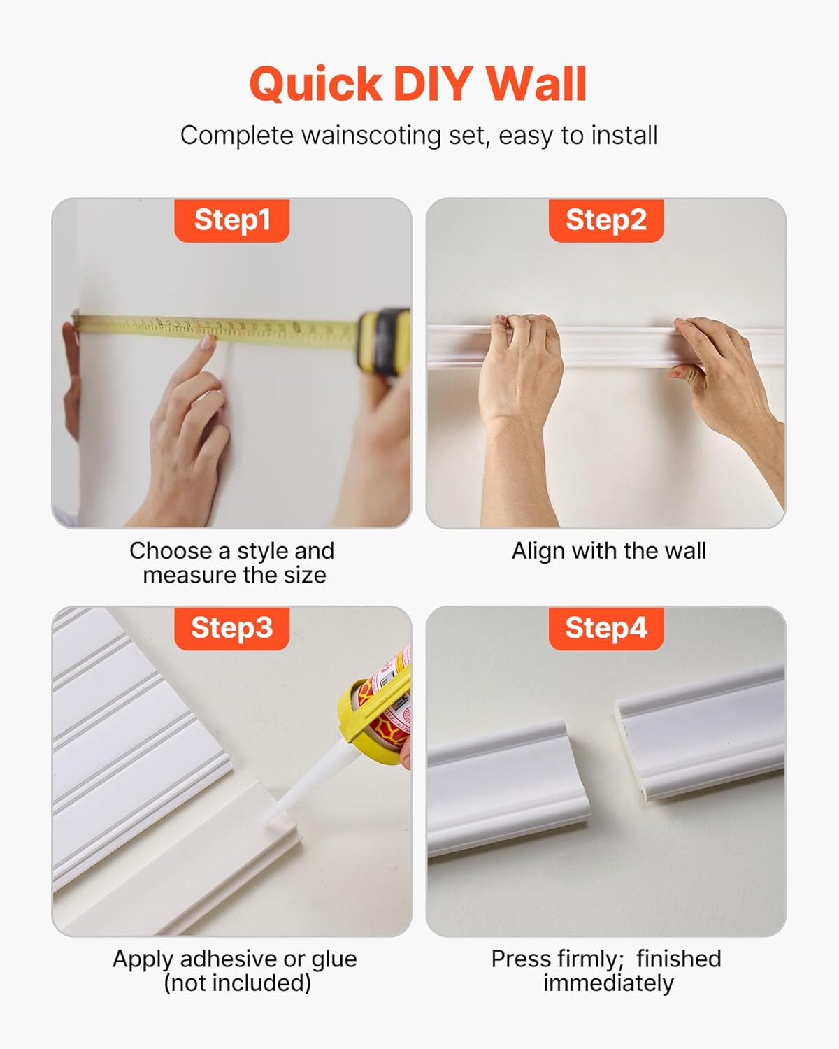 VEVOR Wall Molding Kit, Wainscoting Panels, Lightweight Paintable Polystyrene, Easy to Install, Wide & Narrow Accent Wall Trim for Interior Décor Living Room, Bedroom, White (77.5 x 38.6 in)