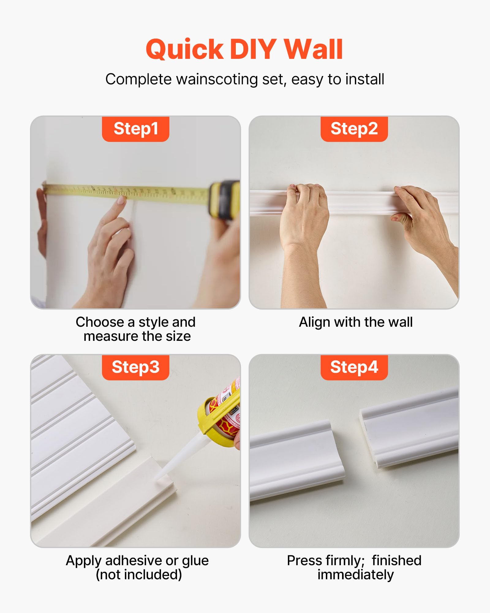 VEVOR Juego de Molduras Decorativas para Pared, 197 x 98 cm, Revestimientos y Frisos de Pared, Poliestireno Impermeable Pintable, Estilo Moderno, para Decoración de Interiores Sala Dormitorio, Blanco