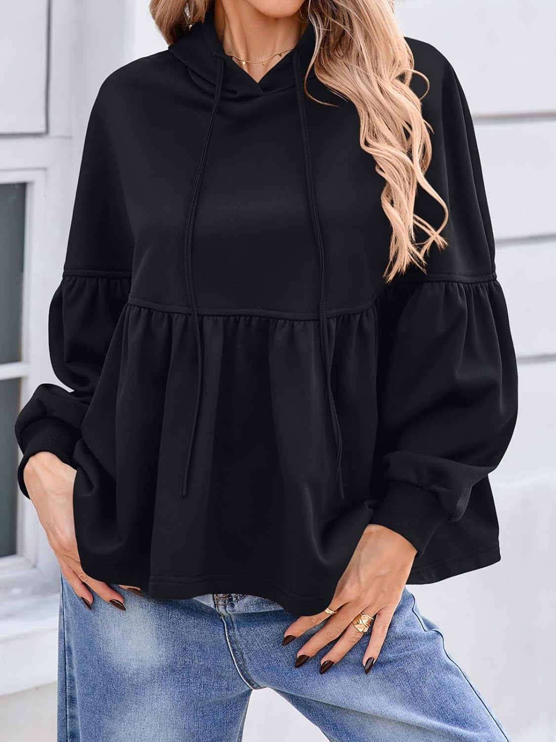 Womens Oversized Hoodies Sweatshirts Casual Lantern Sleeve Peplum Tops Drawstring Loose Hooded Pullover Workout Top - Image 5