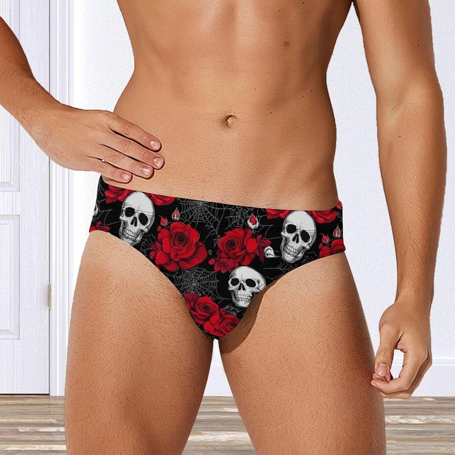Rose Skulls Printed Men's Swimsuit Brief Sexy Bikini Briefs Retro Printed Swimwear Quick Dry Swimming Trunks 3X-Large