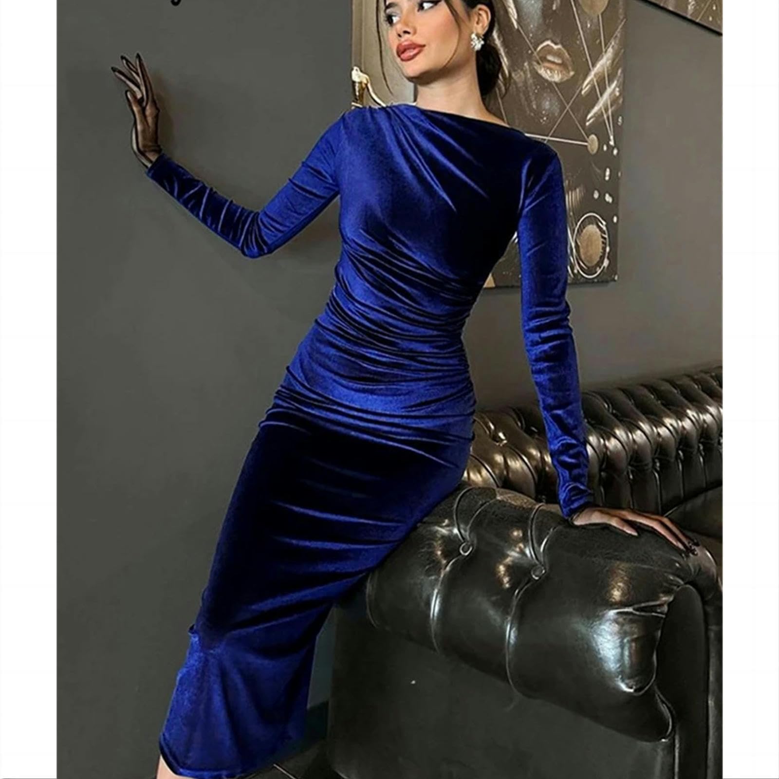 Damskie sukienki z długim rękawem O Neck damskie ubrania bodycon sukienka midi marszczona elegancka sukienka na imprezę zimowe