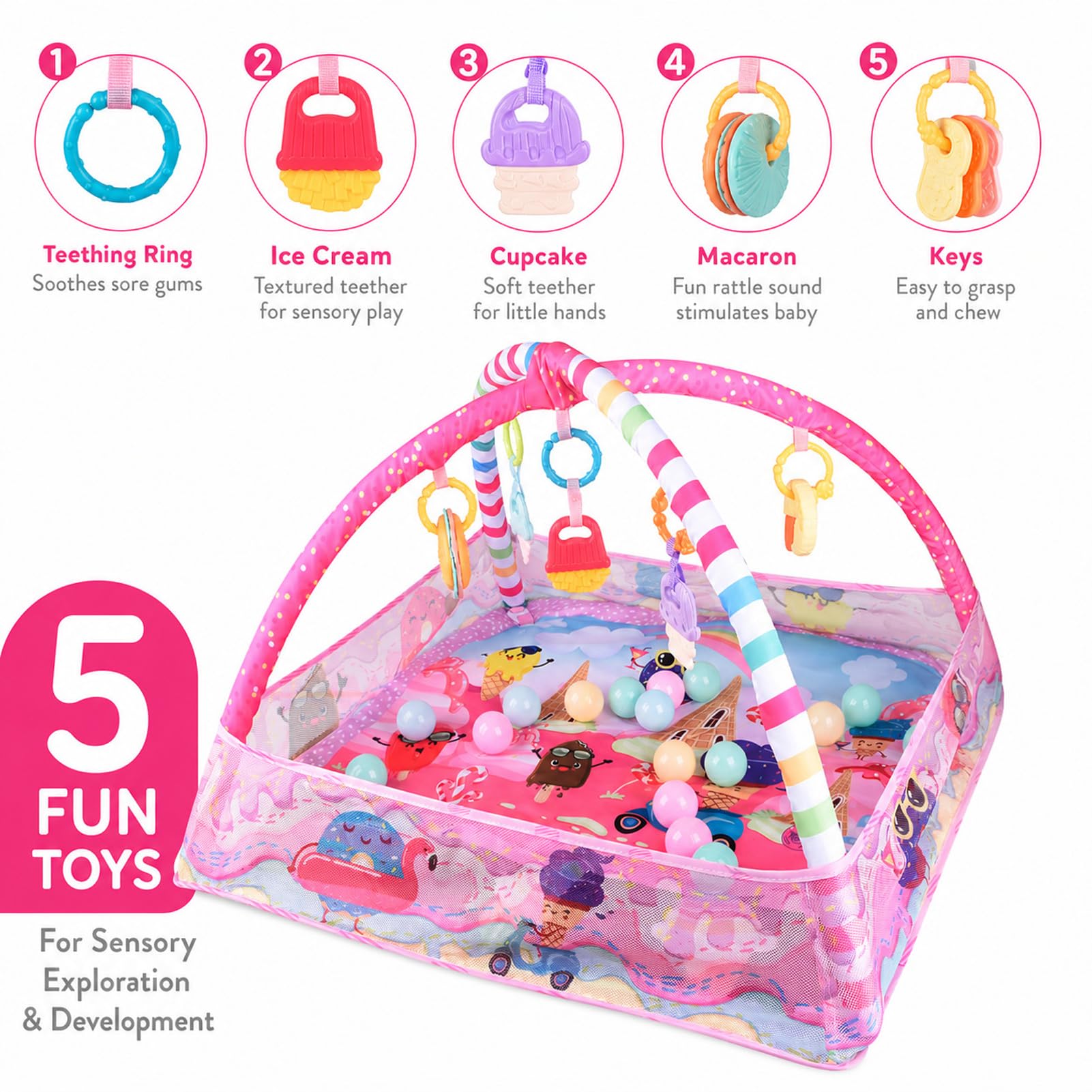 Bebamour Baby Spielmatten Bodenturngeräte von Geburt an, 18 Bälle, 5PCS Hängespielzeug, weiche Baby Play Activity Gym Spielmatten Bodenturngeräte für 0-24Monate(Pink)