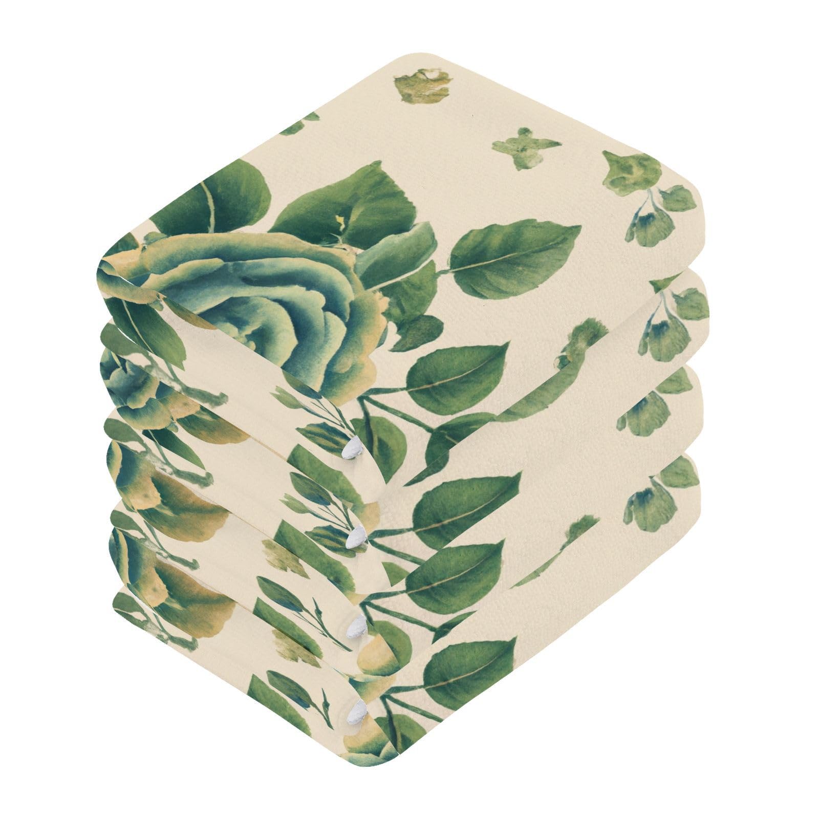 YANENDIE Green Roses Beige Washcloths Towels, Highly Absorbent and Soft Cotton Face Cloths, 6 Pack Quick Dry Wash Cloths - 12 X 12 Inches