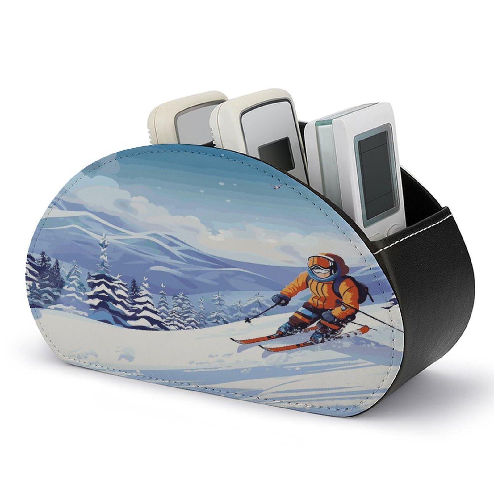 FekiLoot Winter Skiing Remote Control Holder, PU Leather Remote Control Organizer Box Stationery Remote Control Box Desk Storage Organizer for DVDs,Glasses,Pens,Media Players