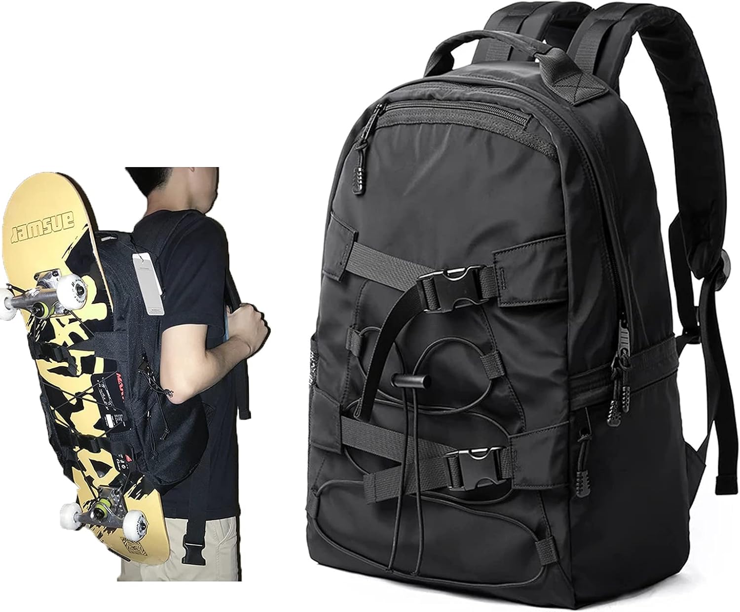 Amazon.co.jp スケートボードバックパック ビジネスリュック スケートボードストラップ付き多機能防水バックパック 15.6インチ