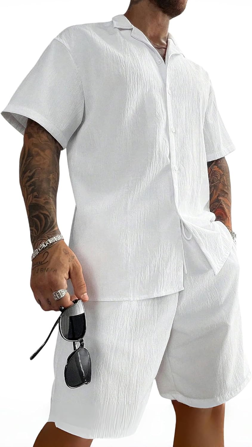 Men's 2 Piece Short Set Short Sleeve Button Down Shirts and Drawstring Track Shorts Beach Outfits