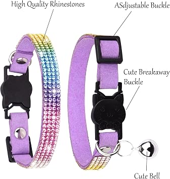 Petank Purple Suede Breakaway Cat Collar with Sparkling Rhinestones & Bell - Soft Adjustable Safe Release Kitten Collar for Small Medium Cats (7.5-12.5 Inches