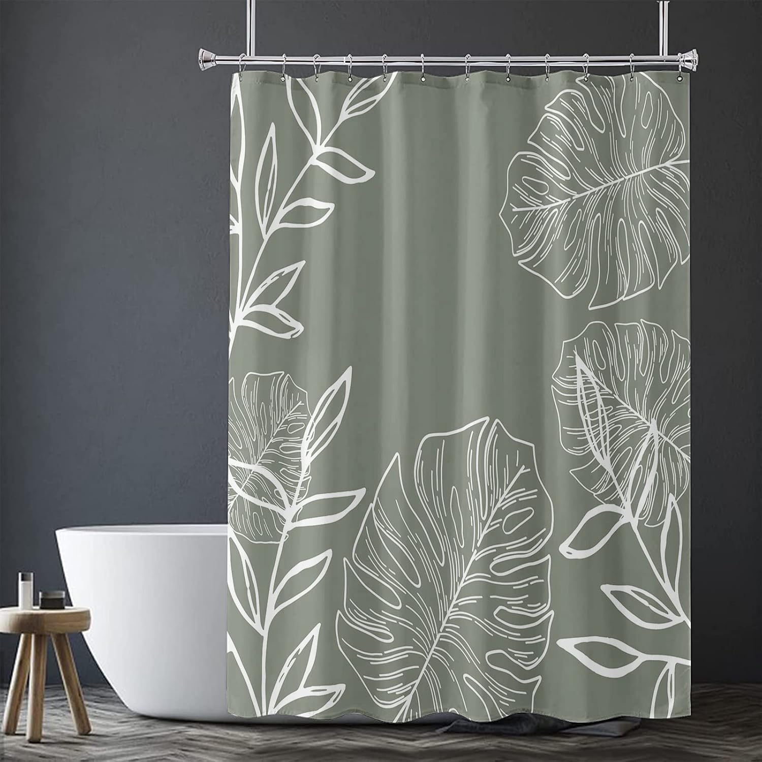 tubeamin Sage Green Plant Fabric Shower Curtain Tropical