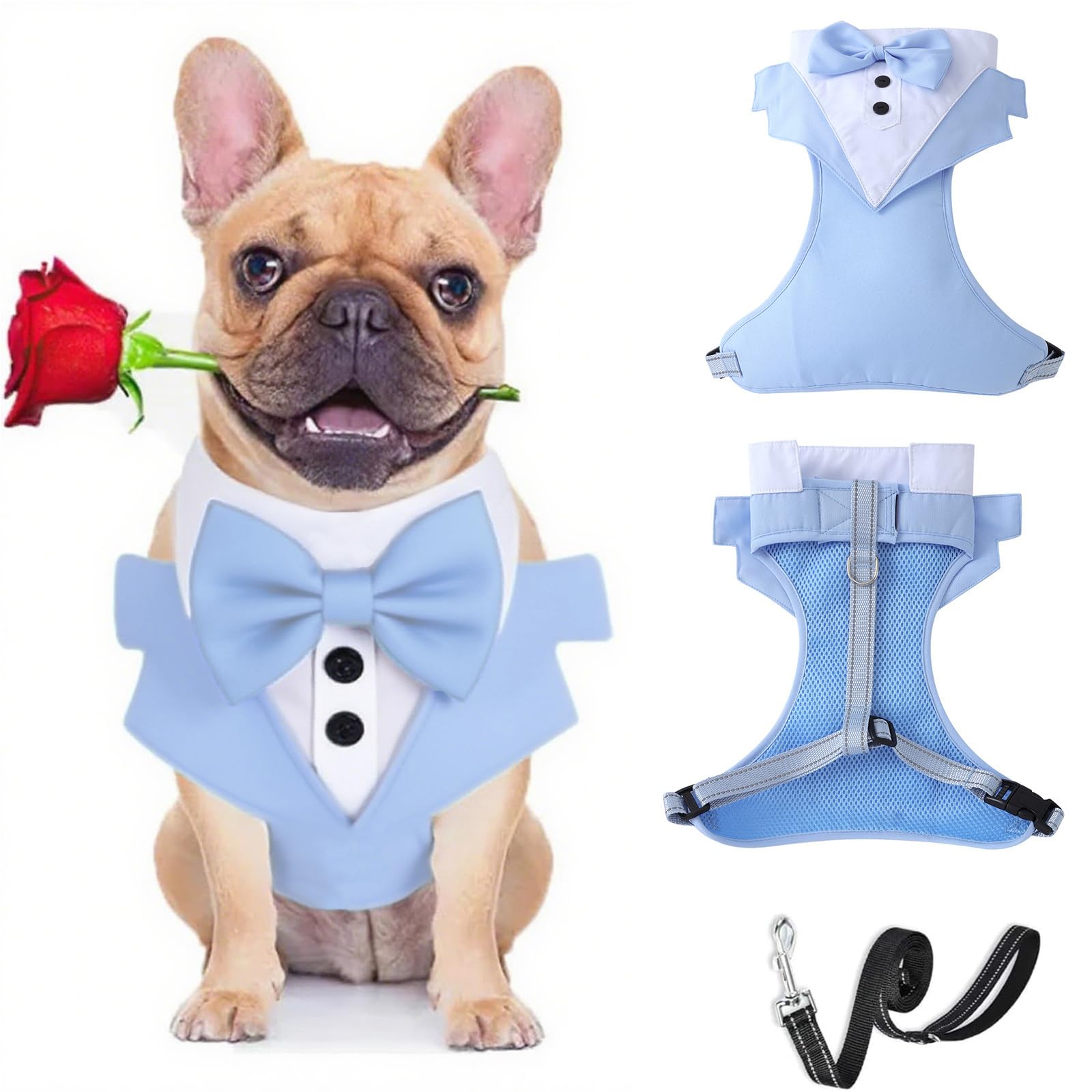 BT Bear Tuxedo Dog Harness with Leash, Formal Harness Bow Tie for Wedding,Mesh Dog Tuxedo Vest Harness for Small Medium Dogs,Light blue_M — image 1