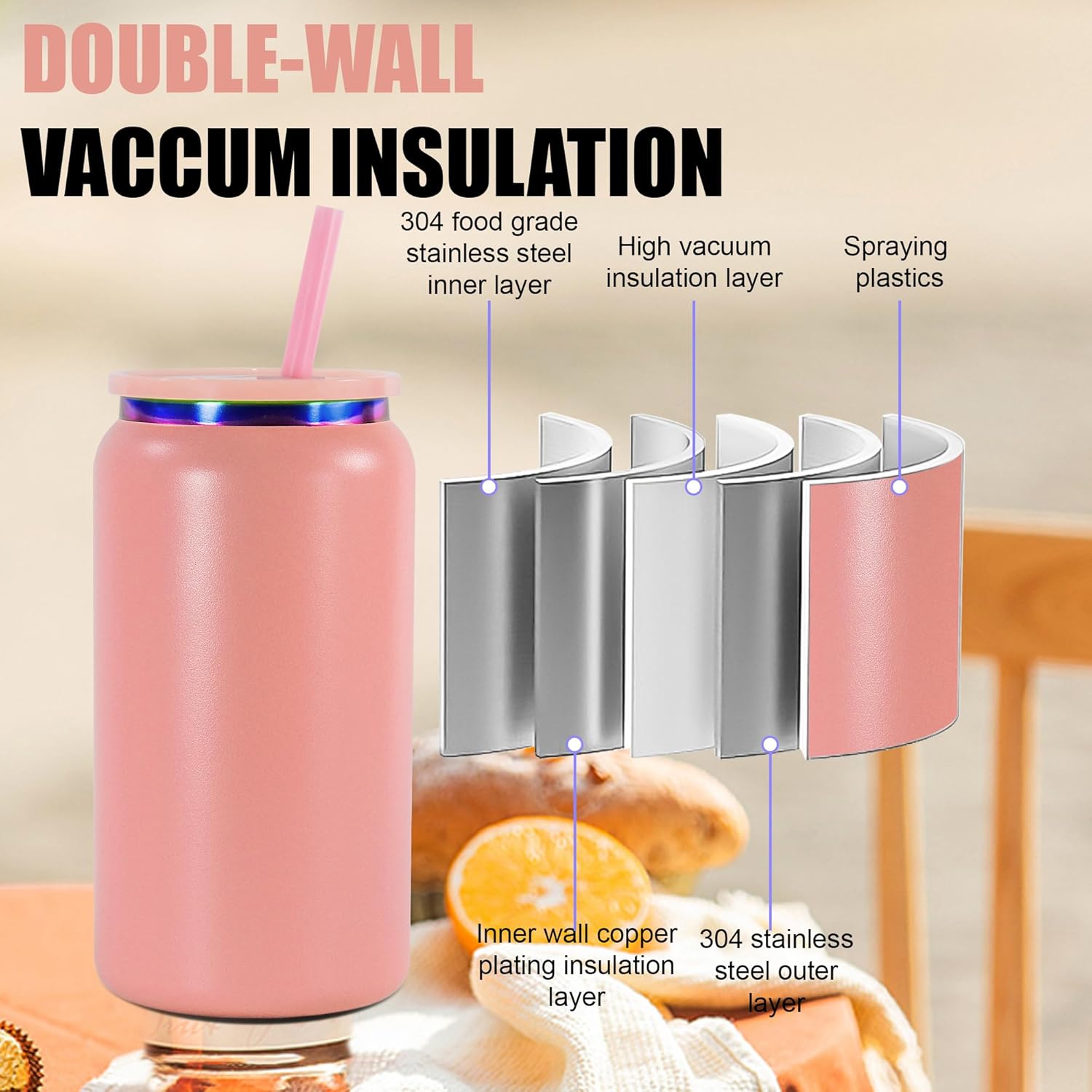 AGH 16oz Stainless Steel Can Tumbler with Lids and Straws,Double wall Rainbow Electroplate Drinking Cups,Reusable Water Tumbler with straws For Ice Coffe Juice Smoothie cup.4 Colors,4pack - Image 3