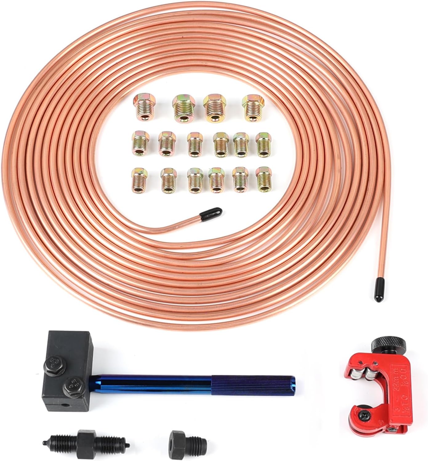 Copper Coated Brake Line Replacement Kit 3/16 Inch x 25 Feet – Tubing Coil with Fittings, Anti-Rust, Flexible Alloy for Easy Installation, Inverted Flare, Includes Double Flaring Tool