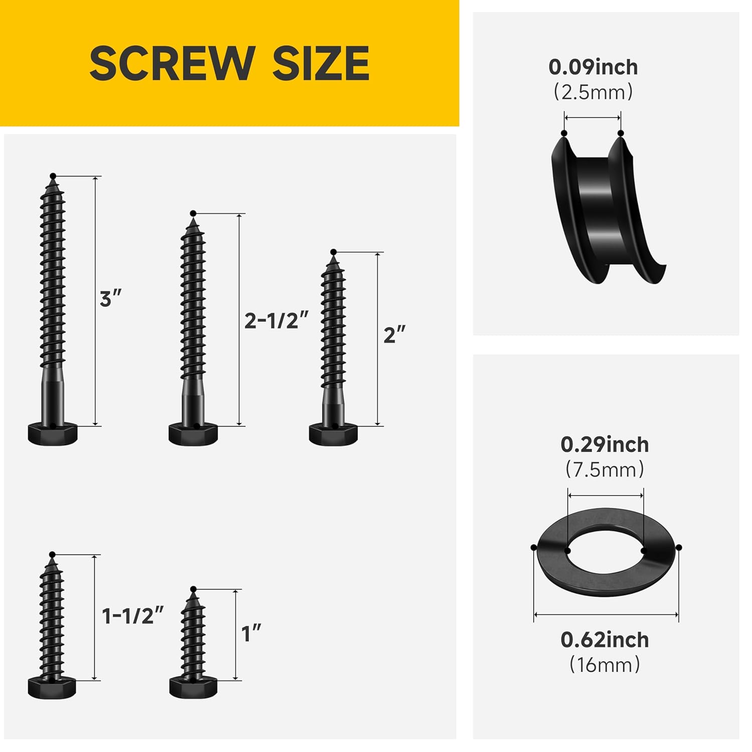 Mywish 109Pcs 1/4" Black Hex Head Lag Screws Assortment Kit & 109Pcs 1/4 SIiver Hex Head Lag Screws Assortment Kit, Heavy Duty Lag Bolts with Washers, 304 Stainless Steel Bolts 18-8 5-Size Wood Screws