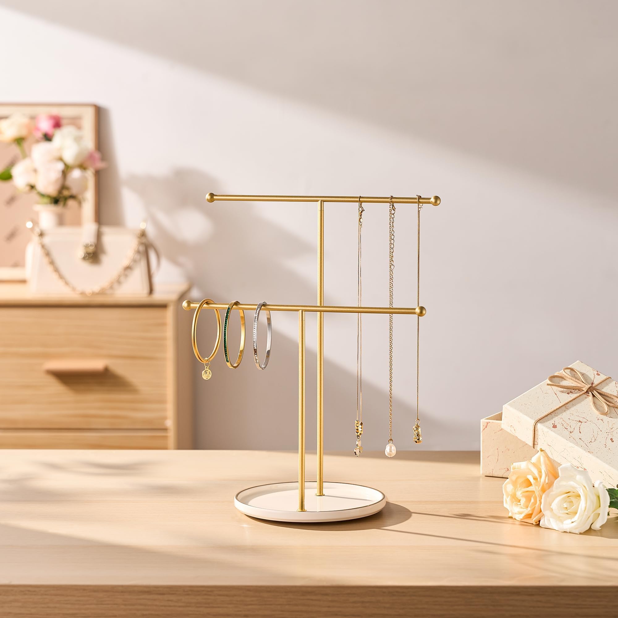 Josmimic White Gold Jewelry Stand - Elegant Display For Necklaces, Rings, And Bracelets