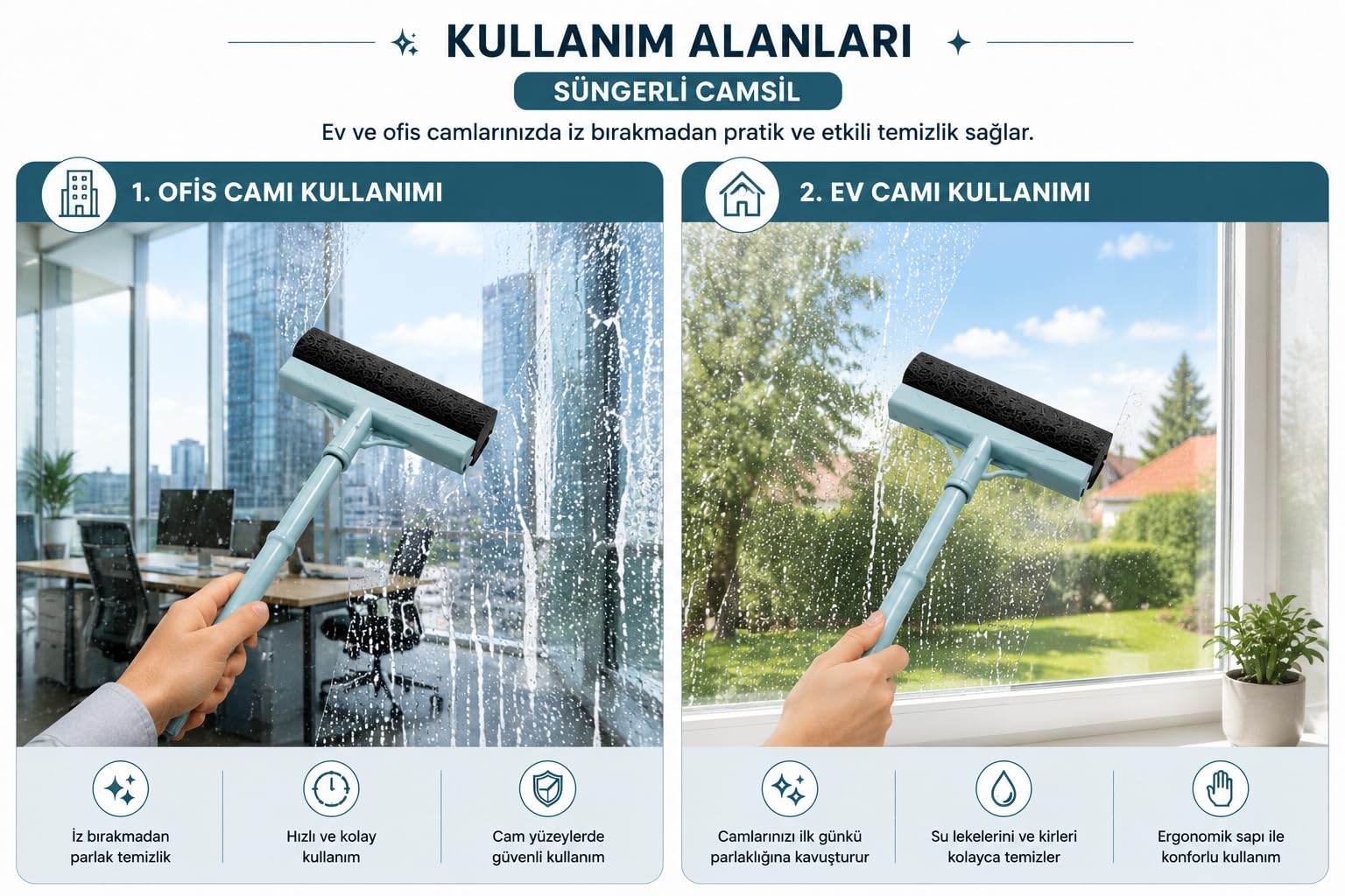 Süngerli Camsil Cam, Ayna, Fayans ve Duşakabin Temizleme Aparatı – Ergonomik Saplı Çekçekli Cam Silme Aparatı, Açık Mavi