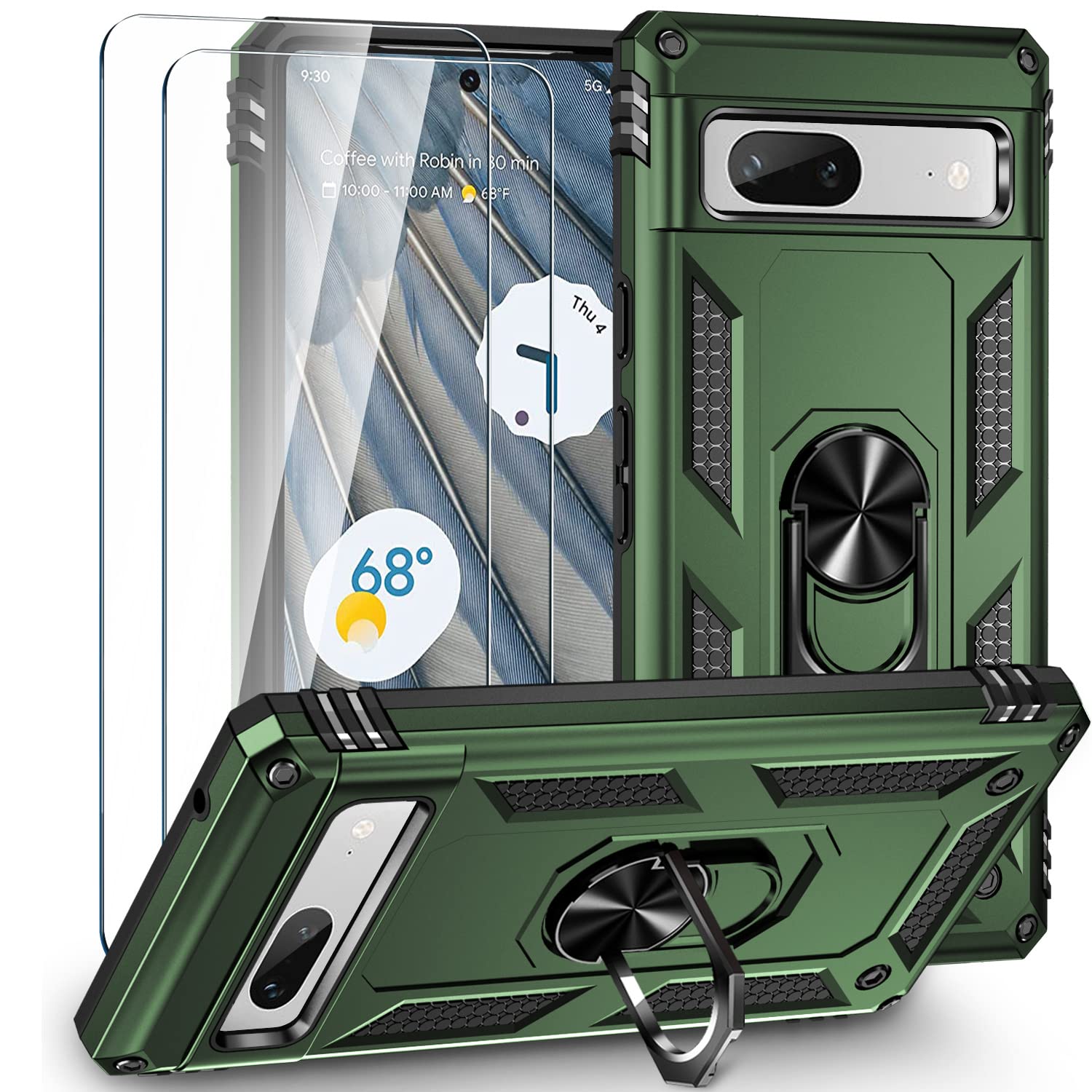 for Google Pixel 7a Case with 2 Pcs Tempered Glass Screen Protector, [Military-Grade] Rugged Heavy Duty Protective Phone Case with Magnetic Ring Kickstand for Google Pixel 7a, Oliver Green