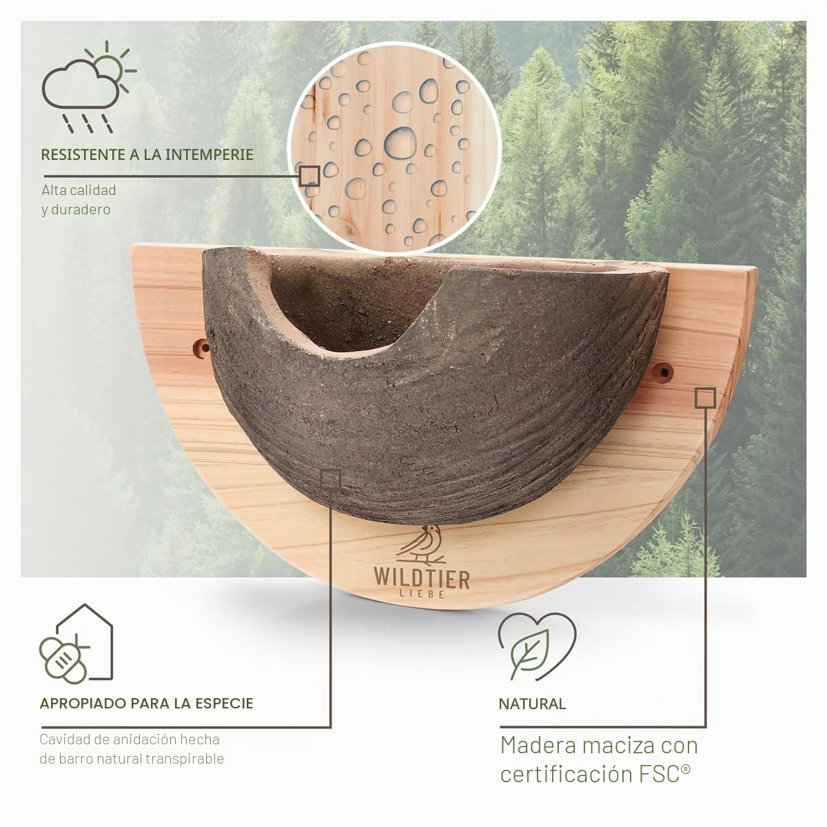 wildtier liebe 1er Nido de golondrina, ayuda para anidación natural para golondrinas de madera maciza y arcilla natural - sin tratar, resistente a la intemperie, nido de golondrina