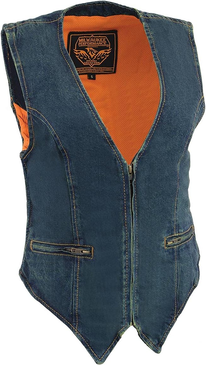 Milwaukee Leather MDL4010 Women's Black Zipper Front Denim Vest with Side Stretch