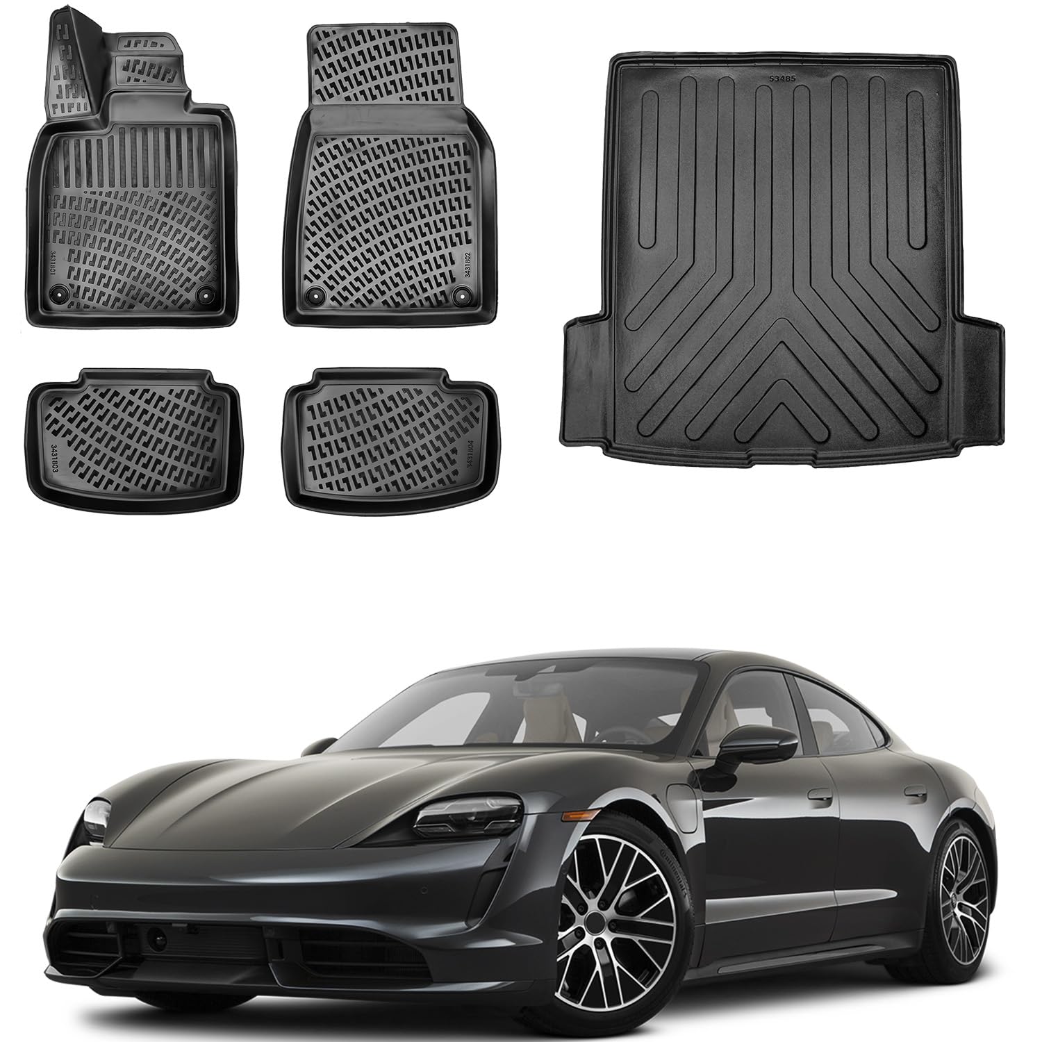 Floor Mats & Cargo Liner Set for Porsche Taycan 2019-2023 | Black TPE All Weather Custom Fit Floor Liner for 1st 2nd Rows and Trunk Car Mats