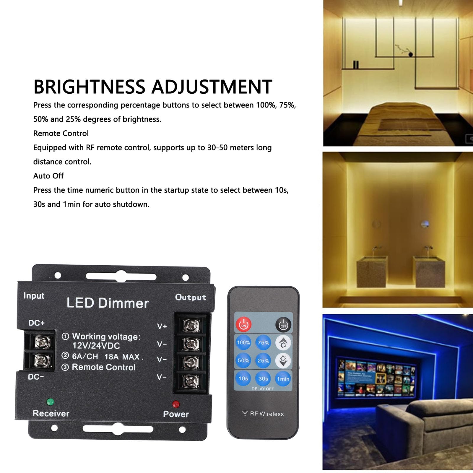Controlador Atenuador LED Remoto RF, para Ajustar el Brillo de la Tira de Luz LED DC12V-24V, con Función de Apagado del Temporizador