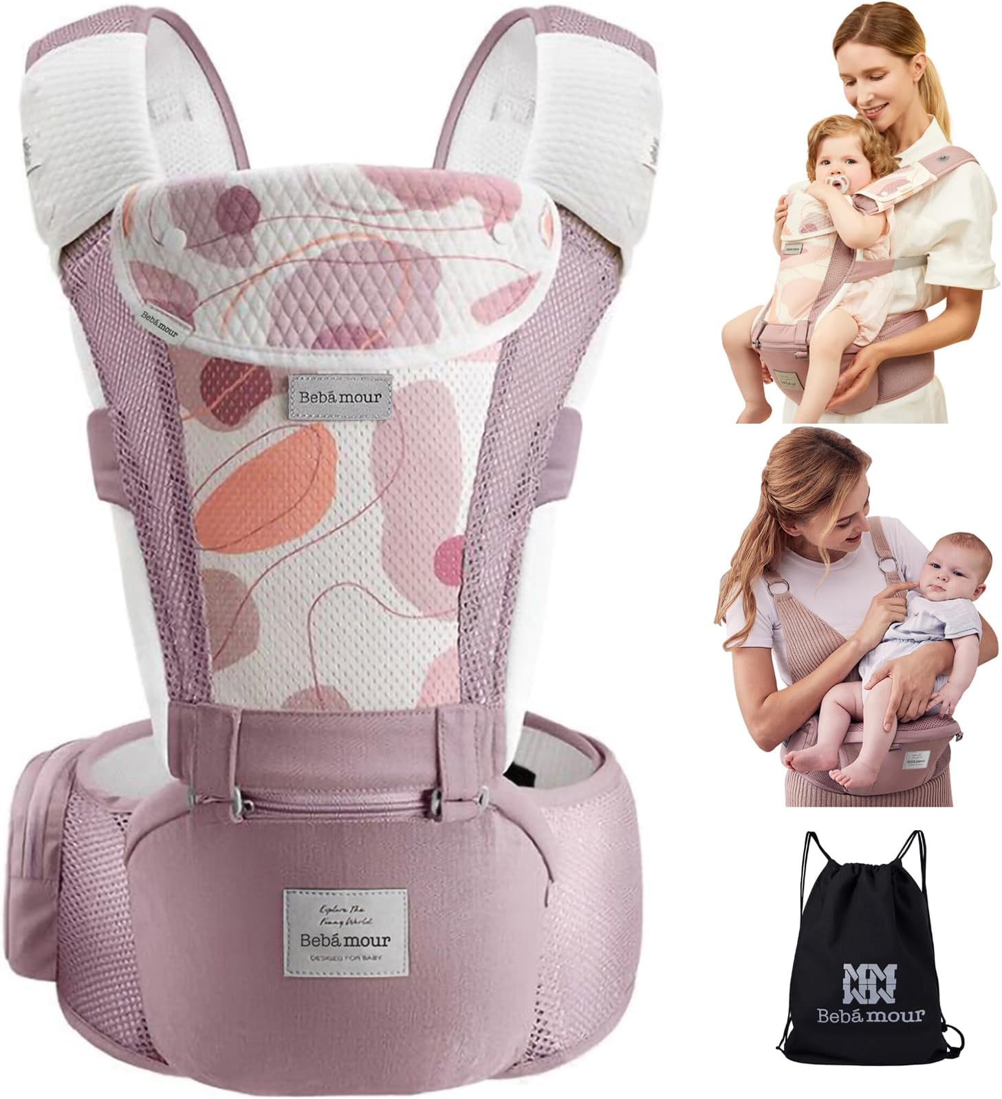 Bebear Baby Carrier Newborn to Toddler, Bebamour Baby Carrier Hipseat 0-36Months with Head Hood, 3 PCS Teething Pads, Waist Extender, Pink