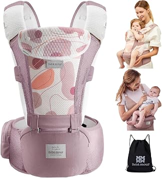 Bebamour Baby Carrier Newborn to Toddler, Ergonomic Hip Seat Carrier 0 36 Months, Adjustable Waist Belt with Head Hood, Teething Pads & Waist Extender, Pink