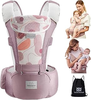 Bebamour Babytrage, ergonomisch, mit Hüftsitz, reine Baumwolle, leicht und atmungsaktiv, mehrere Positionen, für 0 – 36 Monate (Air Pink mit Design)
