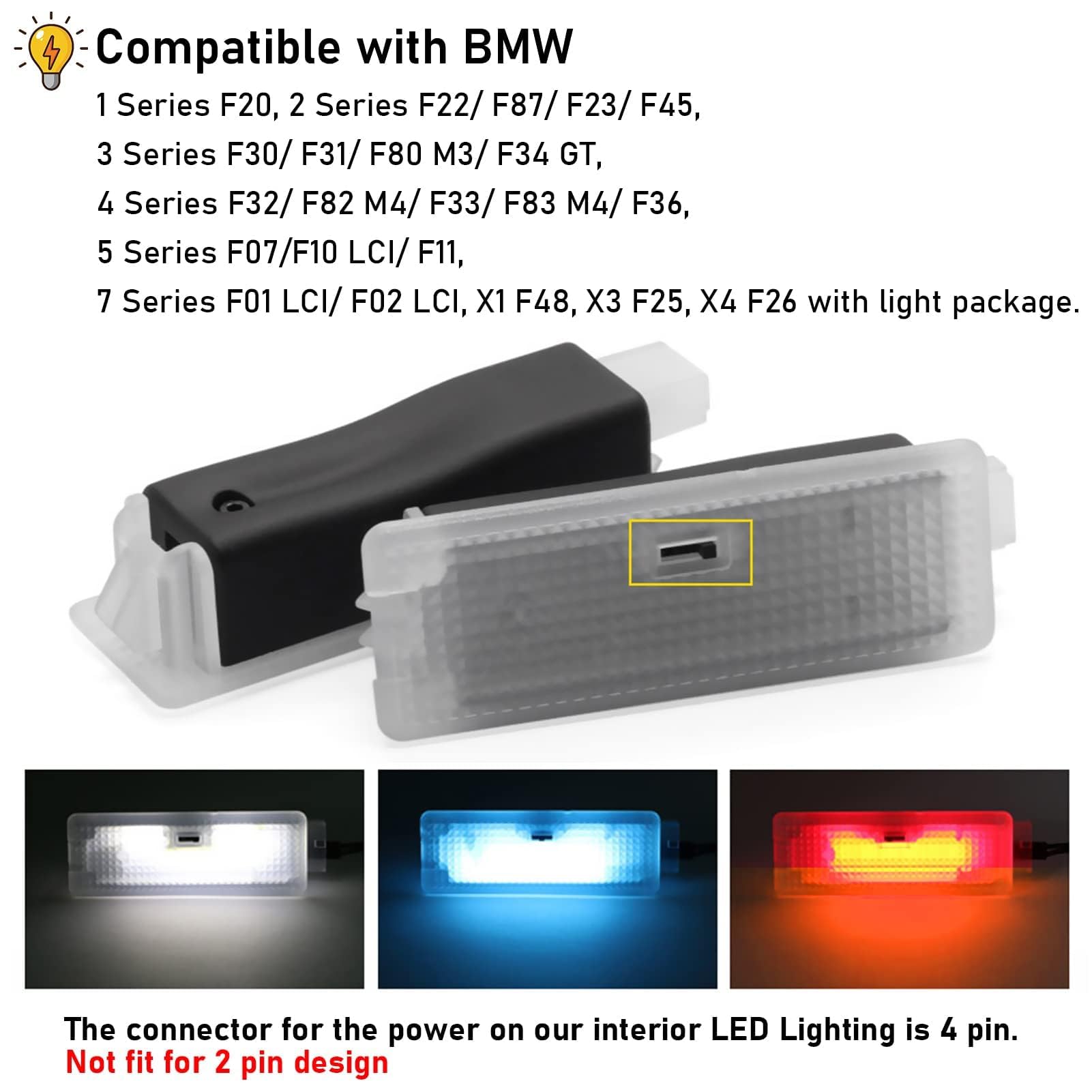Yumzeco Compatibile con Luci Vano Piedi Auto BMW Serie 1/2/3/4/5/7/X1/X3/X4 | F20 F22 F30 F32 F10 F01 F48 F25 F26,Luce vano Piedi Kit Luci Atmosfera Vano Piedi per Auto Luci LED Auto Vano Piedi