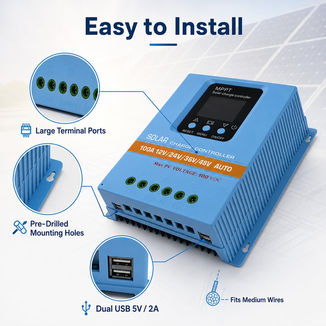 Regulador de carga solar MPPT de 100 A, 12 V, 24 V, 36 V, 48 V, LCD para baterías de plomo y litio | Detección automática de voltaje, circuitos de protección, montaje en pared compacto