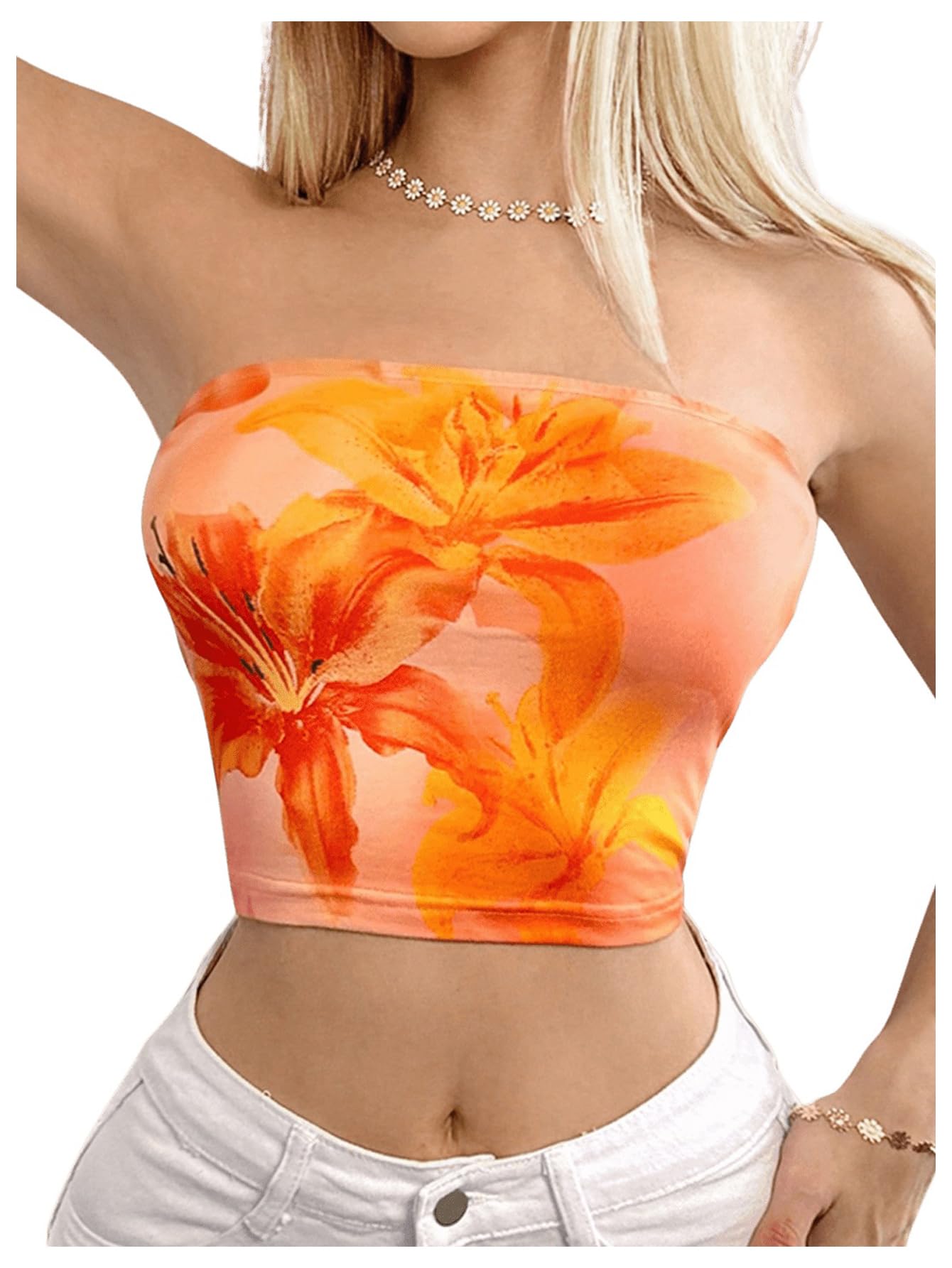 GORGLITTER Women's Floral Strapless Cropped Bandeau Top Backless Slim Fit Party Tube Top S Orange