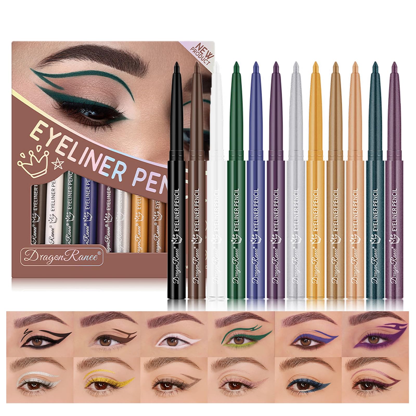 12 Colors Pearl Eyeliner Pen Set,Metallic Glitter Colorful Eyeshadow Pencil