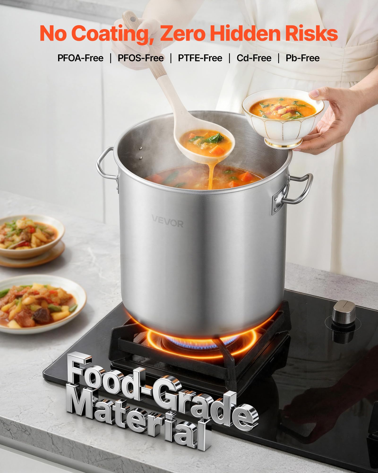 VEVOR Pentola in Acciaio Inox da 19,9 Litri, Casseruola in Acciaio Inox con Coperchio in Vetro per Cottura da Cucina Brodo, Pasta, Zuppa, Catering Ristorante Cucina Commerciale, Senza PFOA PFAS