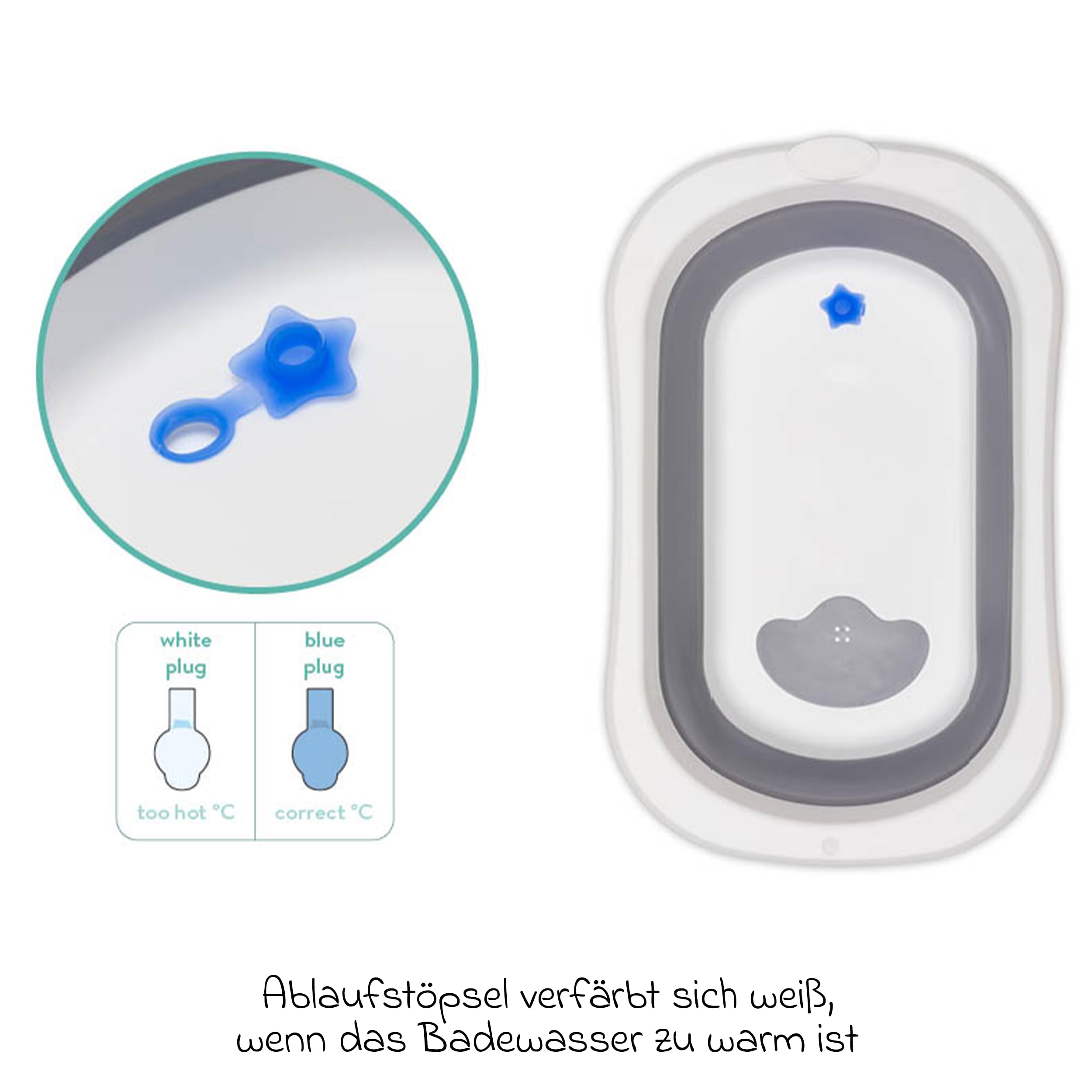 Fillikid Orka, vasca da bagno pieghevole per bambini, grigio/bianco | Vasca salvaspazio con gambe pieghevoli, rivestimento antiscivolo e tappo di scarico