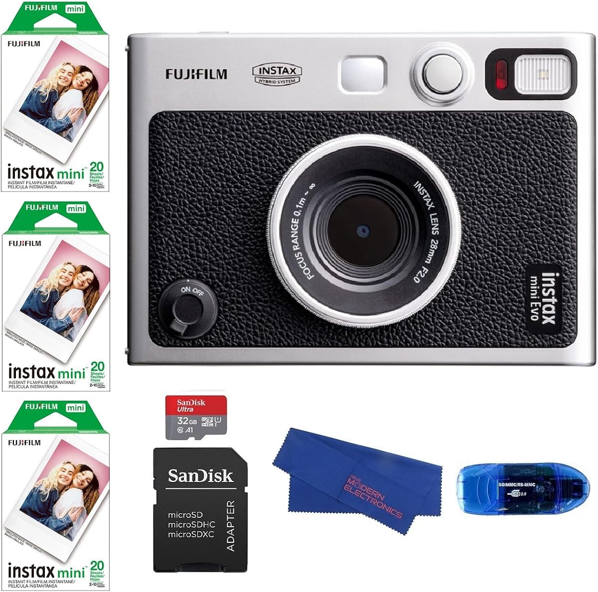 Paquete de cámara instantánea híbrida Fujifilm INSTAX MINI EVO (negro), incluye: 60 INSTAX Mini Film (60 exposiciones), tarjeta de memoria MicroSDHC SanDisk de 32 GB y más (5 artículos)