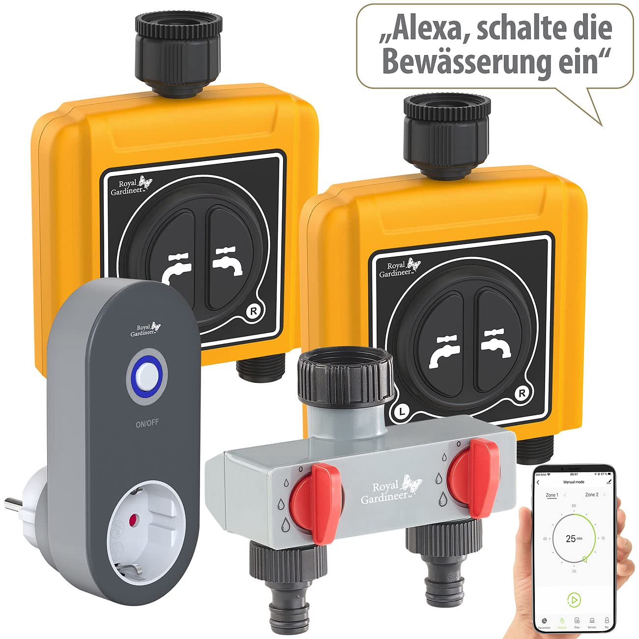 Royal Gardineer Bewässerungs-Ventile: WLAN-Bewässerungscomputer mit 2 Dual-Ventilen, 2-Fach-Wasserverteiler (Dual Bewässerungsventil, Bewässerungsystem, Home)