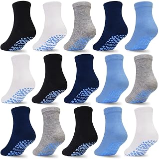Toddler Kids Socks with Grippers for Boys Girls, Non Slip Grip Boys Socks 15 Pairs Half Cushion Crew Socks