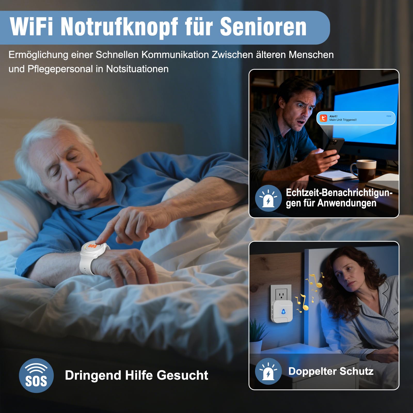 ChunHee WiFi Notrufknopf für Senioren Notfallarmband Emergency Alert System für Senioren Patienten Behinderte Ältere (unterstützt nur 2.4GHz Wi-Fi) (1*empfänger + 2 Taste + 1*Armband)