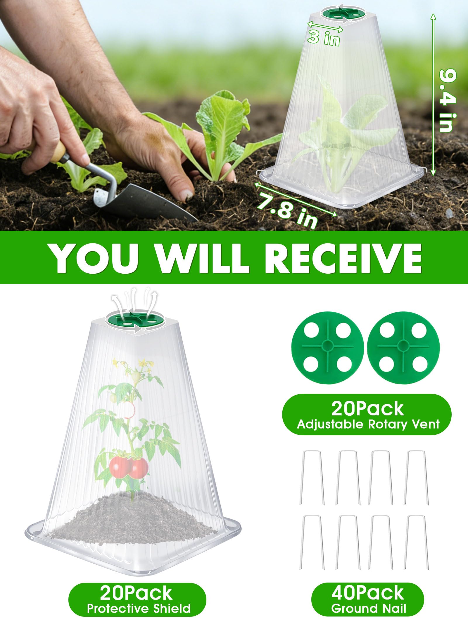 Lot de 20 Cloches de Jardin réutilisables pour Plantes, 23,9 x 19,8 cm (H x P) avec 40 piquets de Sol et Housse d'aération rotative, couvertures de Plantes Protection Contre Le Gel Contre Les Animaux