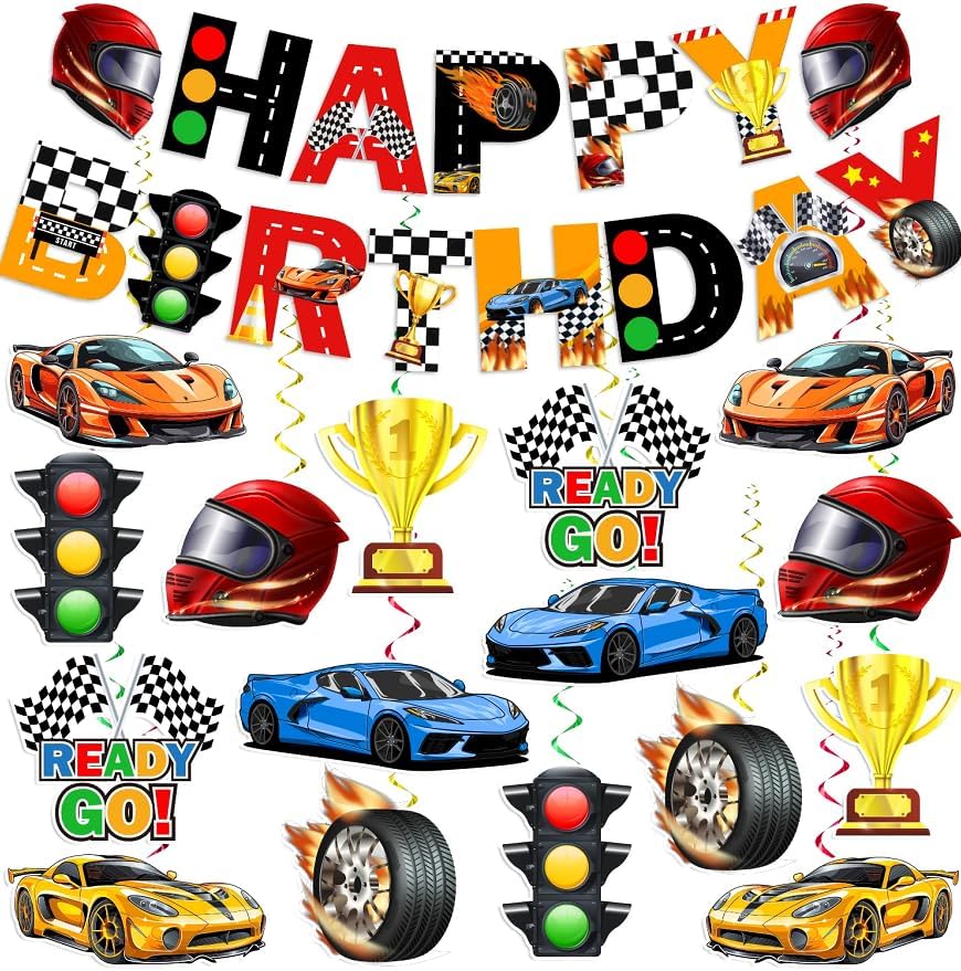 KORHONEN Decoraciones de fiesta de auto de carreras, decoraciones de fiesta de cumpleaños de coche de carreras, incluye pancarta de feliz cumpleaños