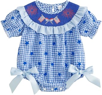 MoZiKQin My First 4th of July Baby Girl Outfit American Flag Bubble Romper Short Sleeve Patriotic Onesie Summer Clothes