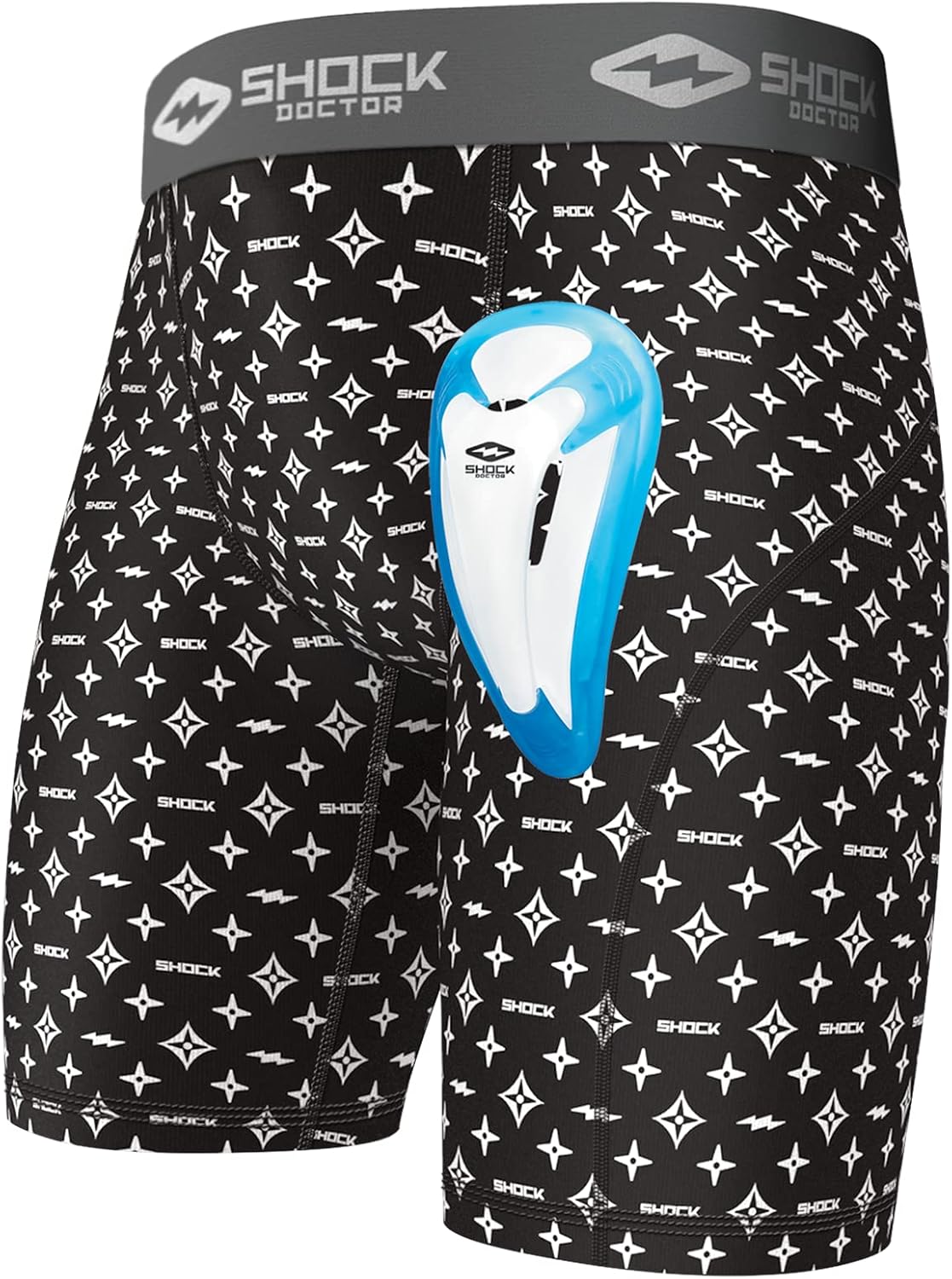 Shock Doctor Compression Short Underwear with BioFlex Cup. Athletic Support, Black/White Lux, Youth, XL