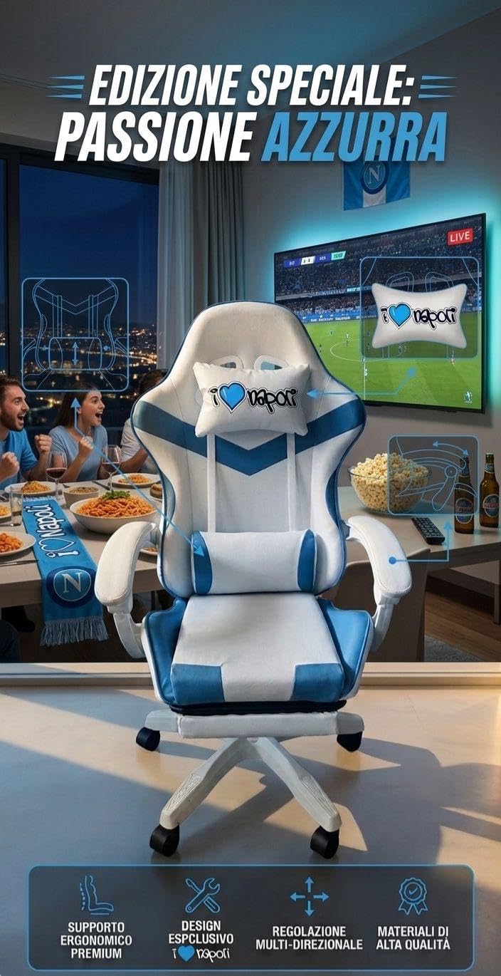 Sedia Gaming Ergonomica I Love Napoli Reclinabile con Cuscini Schienale 90°-135°, altezza regolabile, rotazione 360°, supporto lombare, poggiapiedi, cuscino collo, ruote, gaming e ufficio