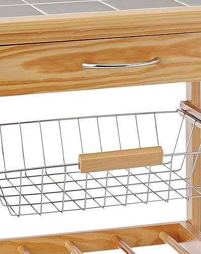 Miniatura 8 de Organize It All Carrito de cocina móvil multiusos de madera de pino natural, dimensiones 18.5 x 30 x 14.5 pulgadas, parte superior de azulejos,