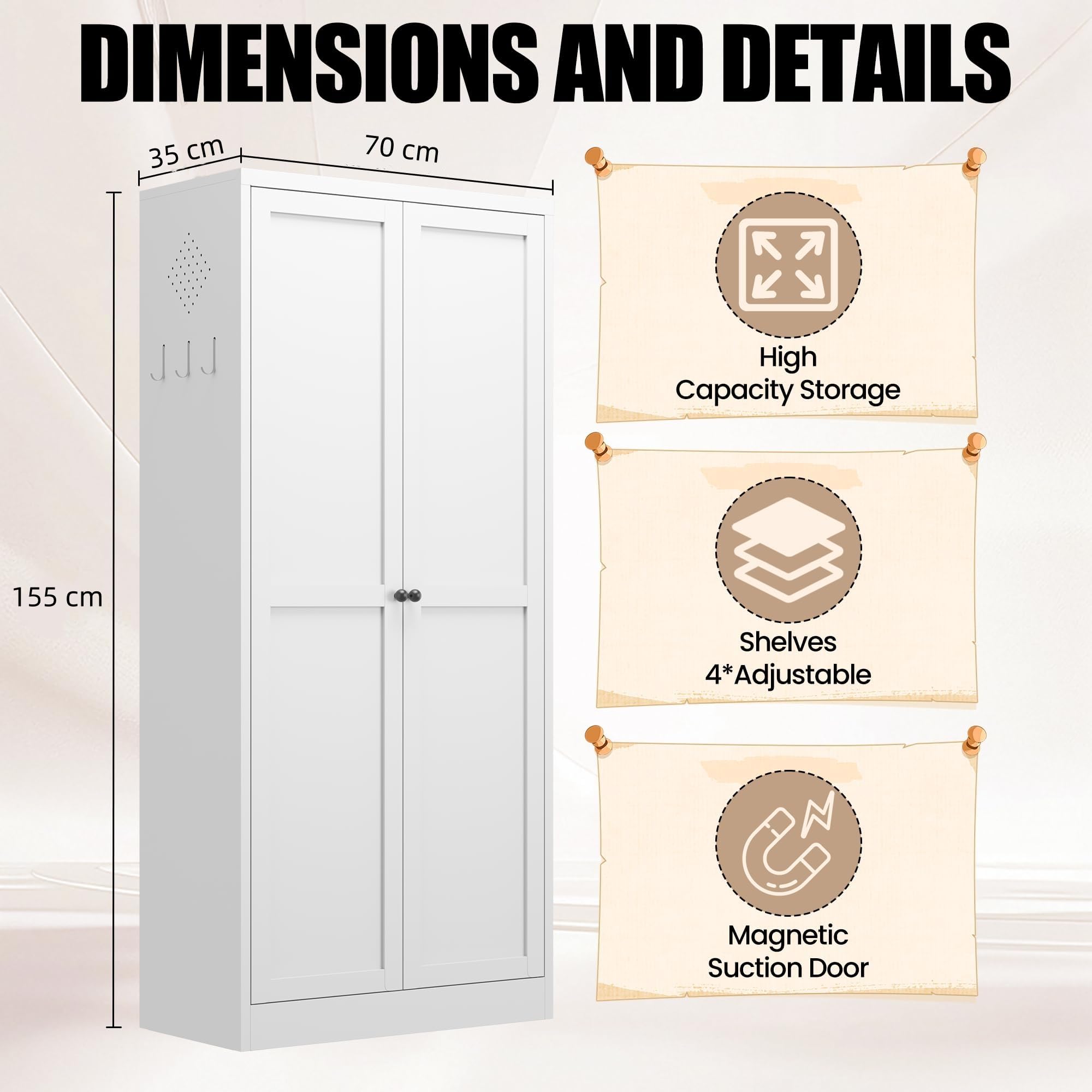 Metallschrank 155 x 70 x 35 cm, Aufbewahrungsschrank mit 4 höhenverstellbaren Einlegeböden, Mehrzweckschrank, Haushaltsschrank, Vorratsschrank für Wohnzimmer, Küche, Flur, Keller, Weiß