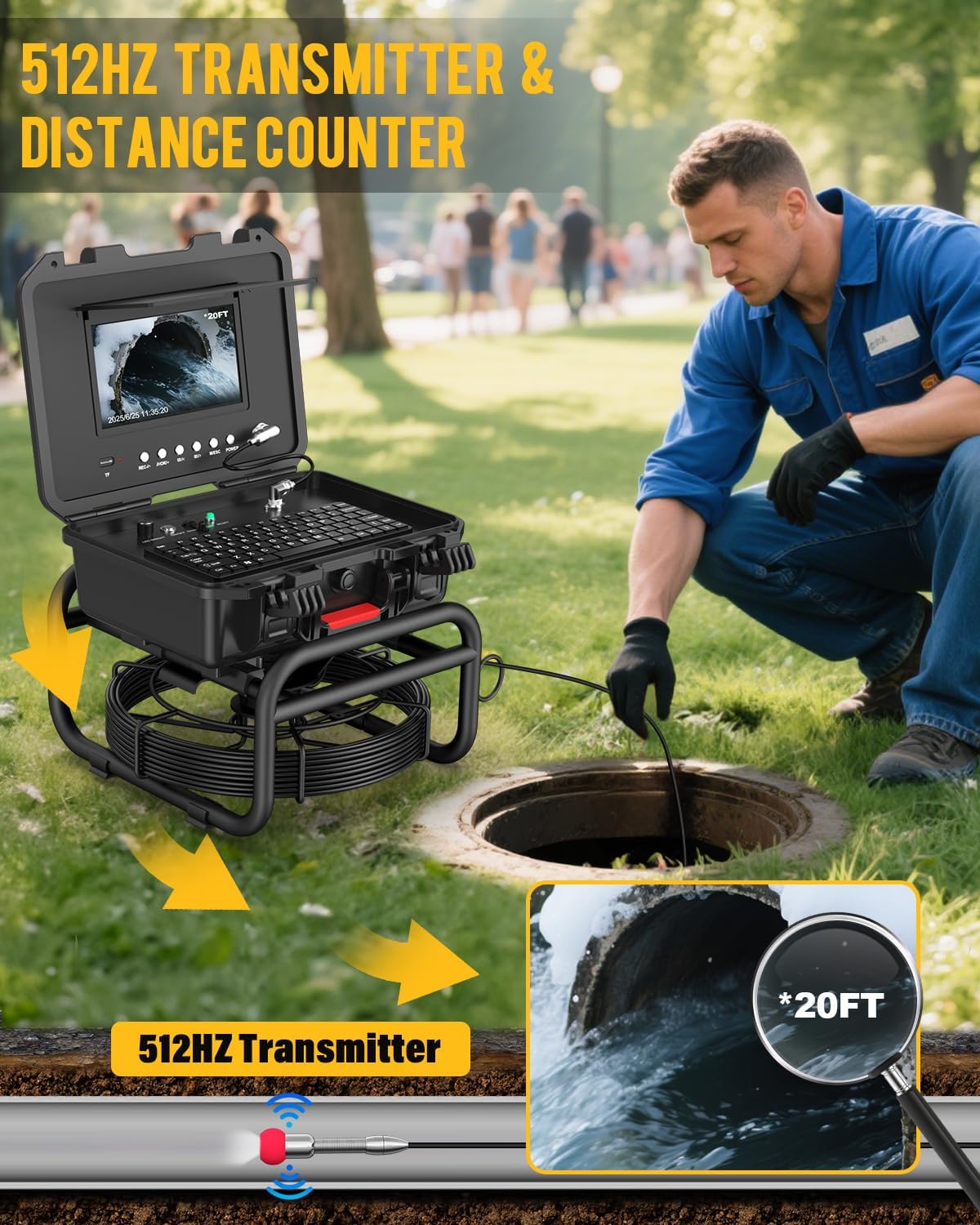 Anysun Sewer Camera with 512hz Sonde, Self Leveling Sewer Camera 165ft with Distance Counter, 10.1" HD Monitor with Keypad and 7MM Cable, 5X Zoom with 12PCS LED Lights