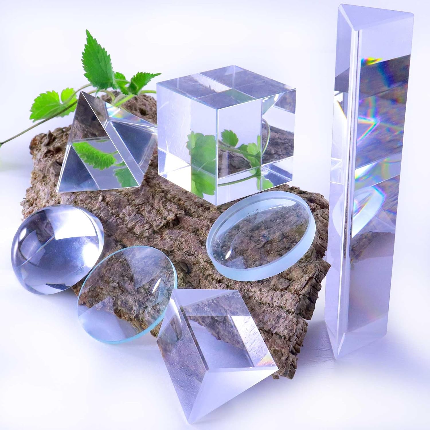 7PCS K9 Optical Crystal Prism Lens Set, 50mm Cube Pyramid Dome Right Angle Prism, 150mm Equilateral Prism Biconvex Biconcave Lens for Photography Teaching Science Experiment Entertainment
