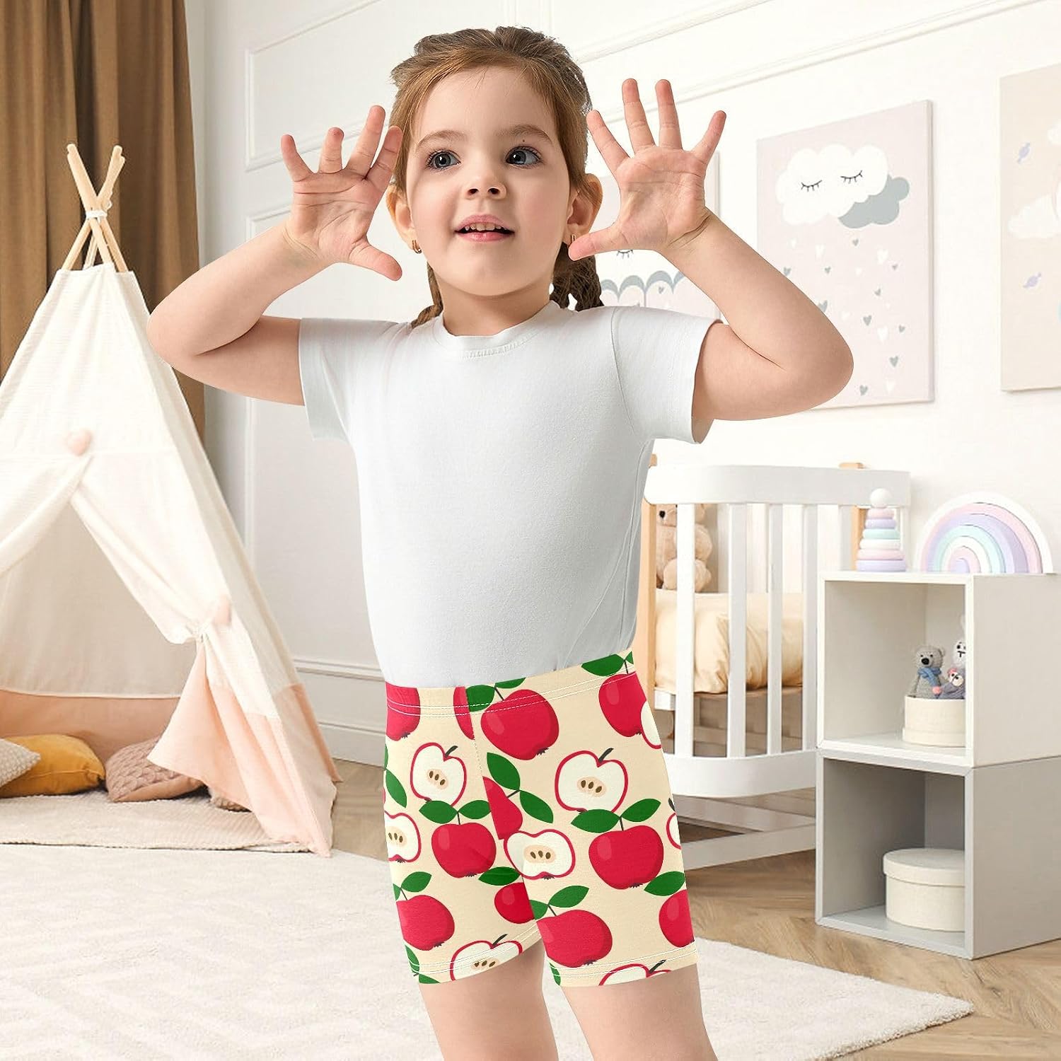 Green Fruit Beige Girls Bike Shorts Toddler Soft Cotton Active Biker Shorts